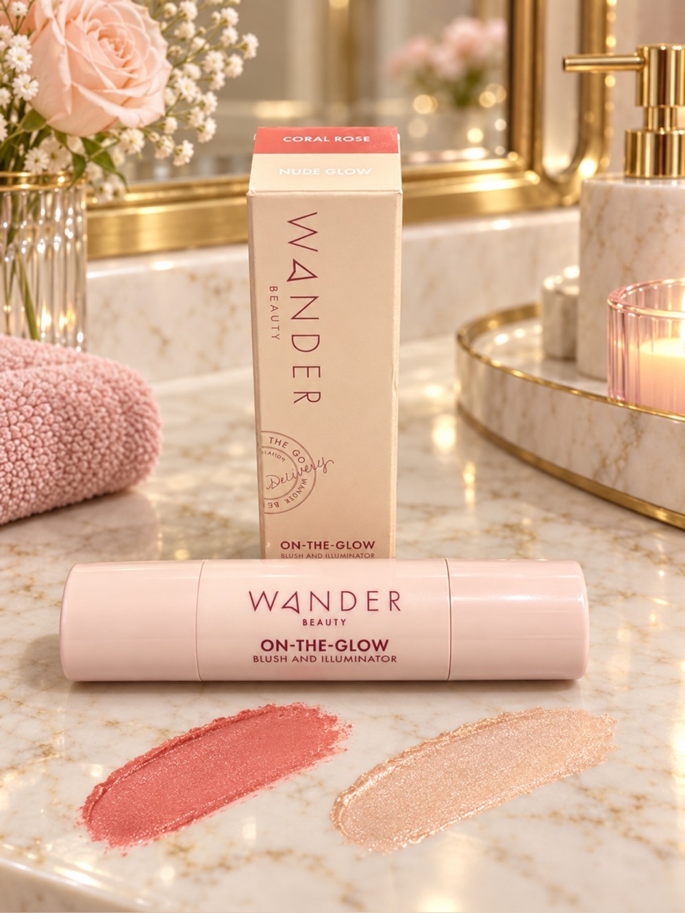 Wander Beauty On-The-Glow Dual Blush & Illuminator — Coral Rose Duo,NIP